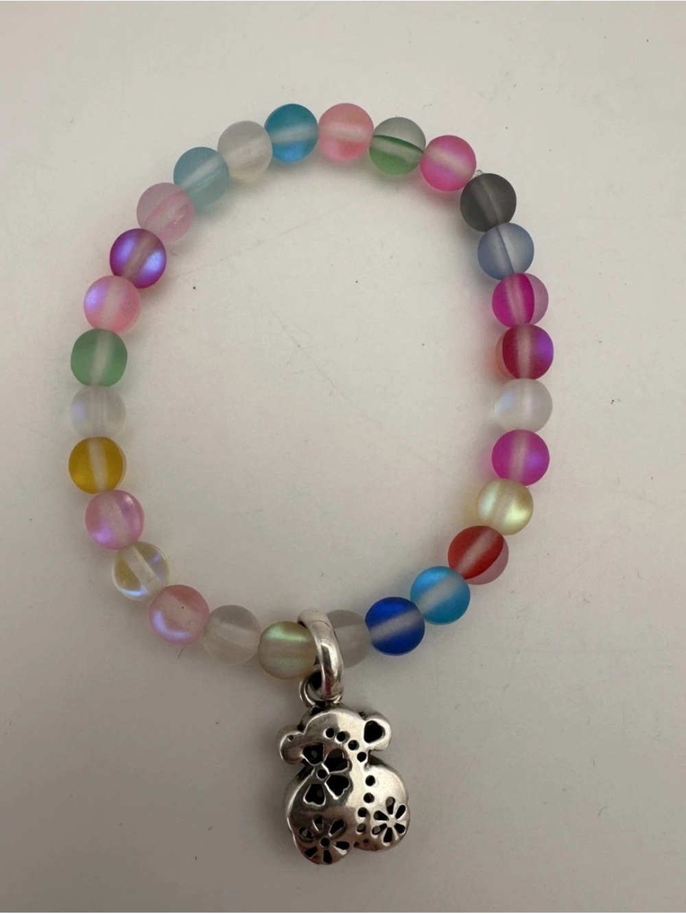 Multicolor Frosted Bead Bracelet with Silver bear Floral Charm